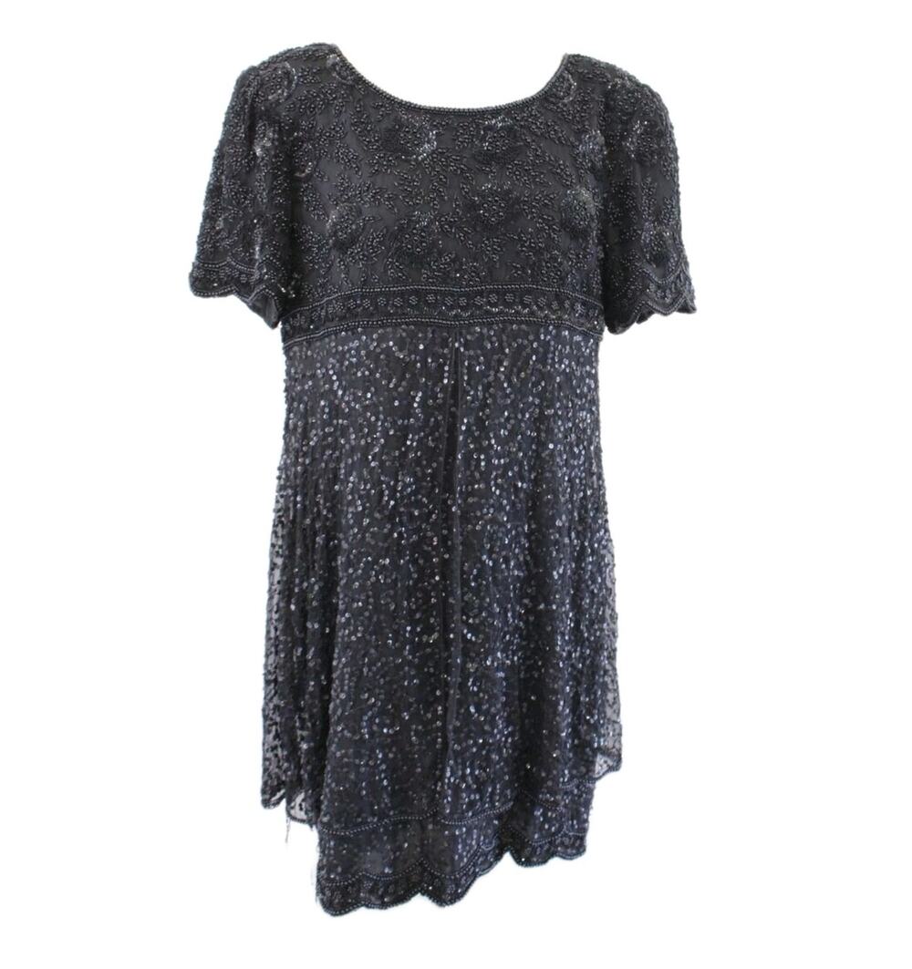 Vtg Laurence Kazar Black Silk Beaded Sequin Layered Look Cocktail Party Dress L